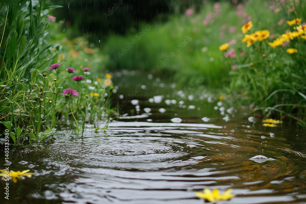 Fototapeta premium Rainy Day Garden Stream with Purple and Yellow Flowers
