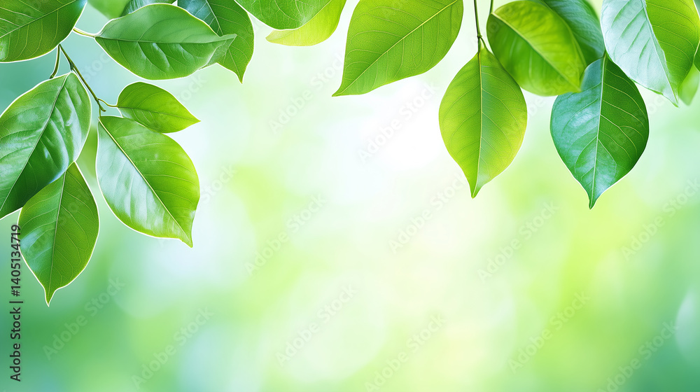 Naklejka premium Bright green leaves hang gracefully from tree branches, bathed in soft sunlight. The background features a blurred, vibrant green, creating a peaceful atmosphere in nature