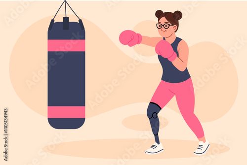 Sporty woman with prosthetic leg boxing. Concept of strength, disability empowerment, and inclusivity in sports. Flat vector illustration.