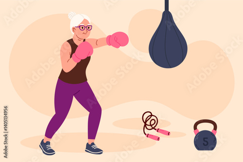 Elderly woman boxing with speed bag. Concept of active aging, strength training, and confidence. Flat vector illustration.
