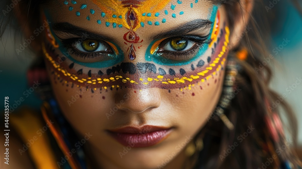 Close-up portrait of a woman with vibrant, intricate face paint. Close-up portrait of a woman with vibrant, intricate face paint.