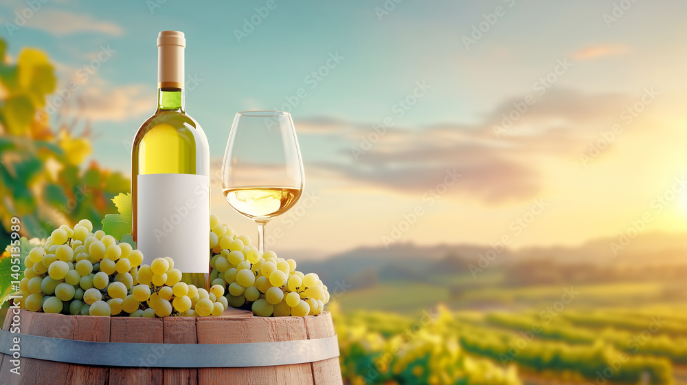 Fototapeta premium A bottle of white wine rests on a wooden barrel surrounded by fresh grapes, with a glass filled nearby. The lush vineyard stretches out in the background under a tranquil sunset sky