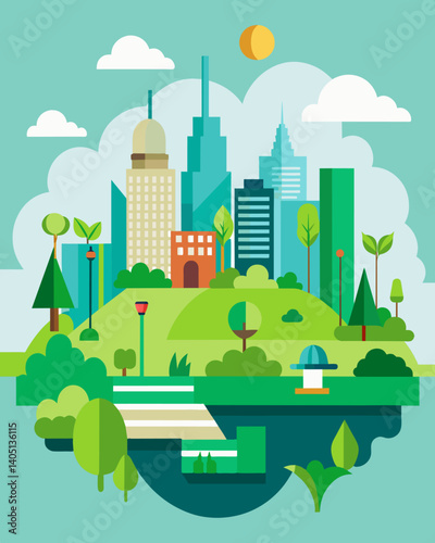 A skyline with various green spaces such as parks and rooftop gardens providing residents with recreation and relaxation areas.. Vector illustration