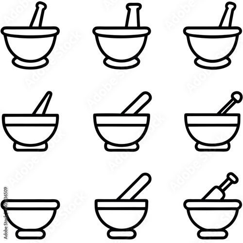 Simple Line Art Illustration of Mortar and Pestle Sets