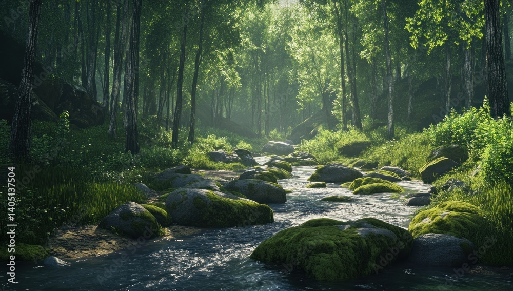 Obraz premium A tranquil stream flows through a lush green forest setting