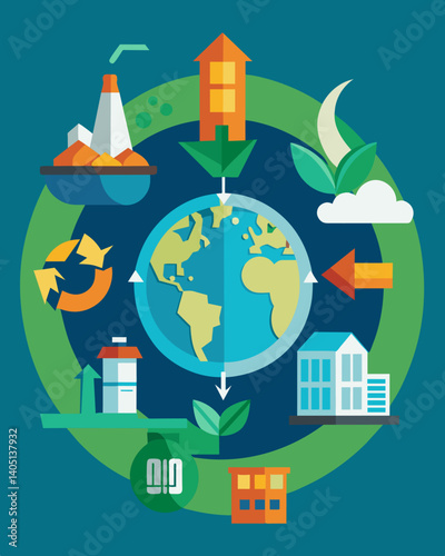 A visual representation of the circular economy model with pictures of everyday items transformed into new products through innovative recycling and repurposing techniques.. Vector illustration