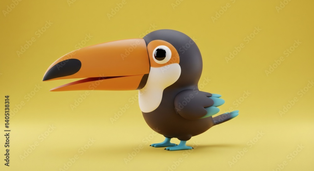 Naklejka premium Playful Toucan Character Isolated on Yellow Backdrop, Perfect for Children's Illustration