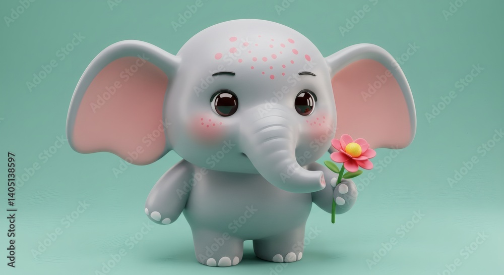 Charming 3D Elephant Character Holding a Vibrant Flower on Pastel Background Charming 3D Elephant Character Holding a Vibrant Flower on Pastel Background