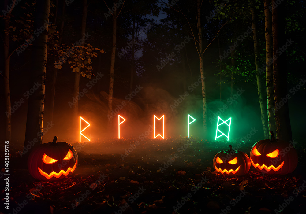 Fototapeta premium Glowing Runes and Carved Pumpkins in a Spooky Autumn Forest at Night
