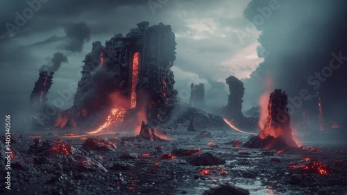 Dark Fantasy Lava Landscape with Red Hot Rocks
