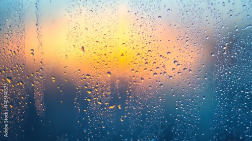 Dewdrops on glass, sunset view
