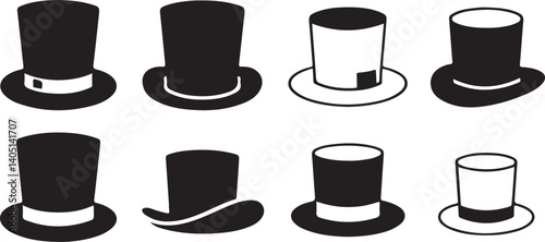 A collection of various vintage black hats, including top hats, bowlers, and a unique shaped hat, against a light background.