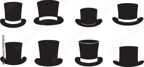A collection of various vintage black hats, including top hats, bowlers, and a unique shaped hat, against a light background.