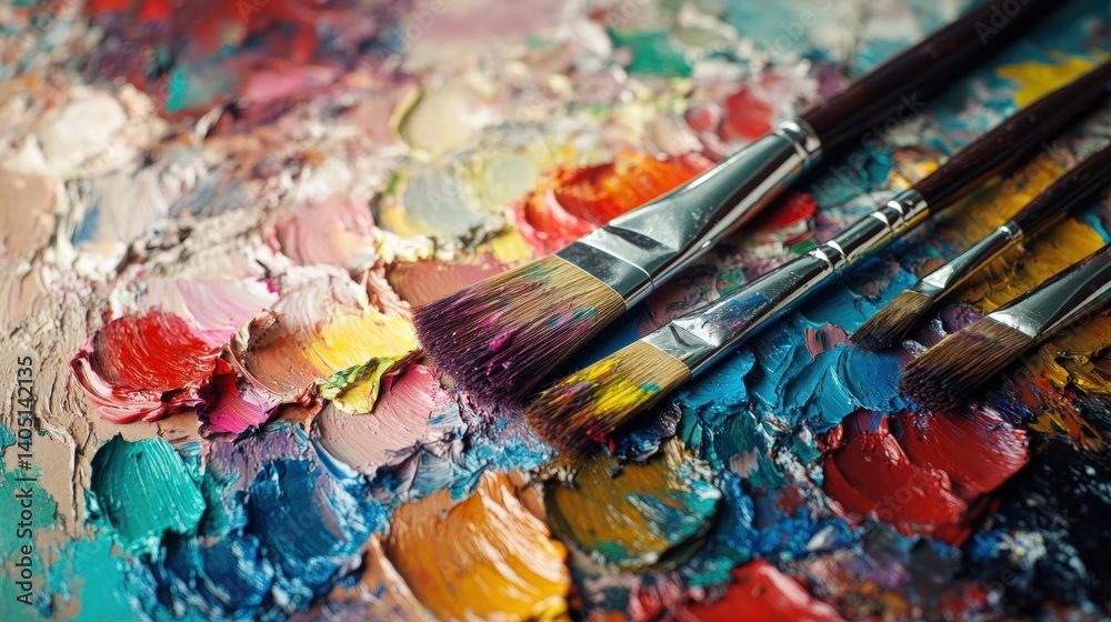 Colorful paintbrushes rest on a textured artist's palette. Colorful paintbrushes rest on a textured artist's palette.