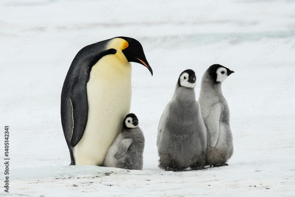 Fototapeta premium Emperor Penguin with three chicks in Antarctica 