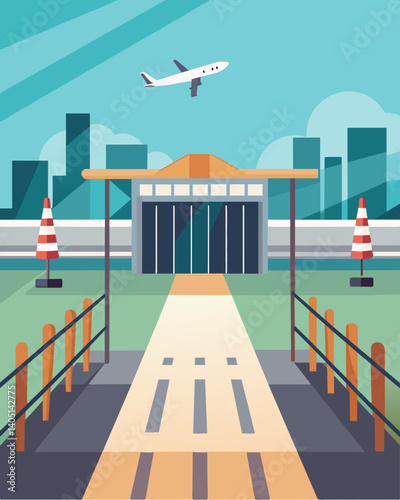 A quiet and empty airport with closed gates and no airplanes taking off or landing.. Vector illustration