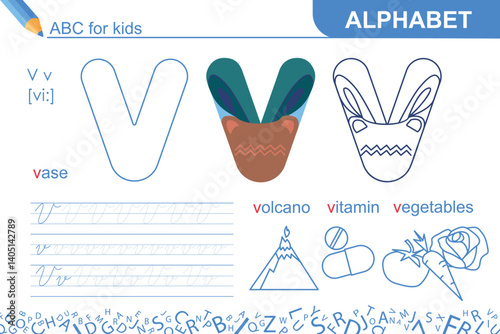 Letter V. Alphabet. Fun ABC for kids. Learning English. Vase with plant. Writing practice and coloring task page. Worksheet for school or home. Sketch vector illustration
