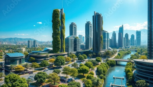 Urban Landscape with Green Buildings and River