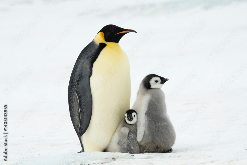 Fototapeta premium Emperor Penguin with three chicks in Antarctica 