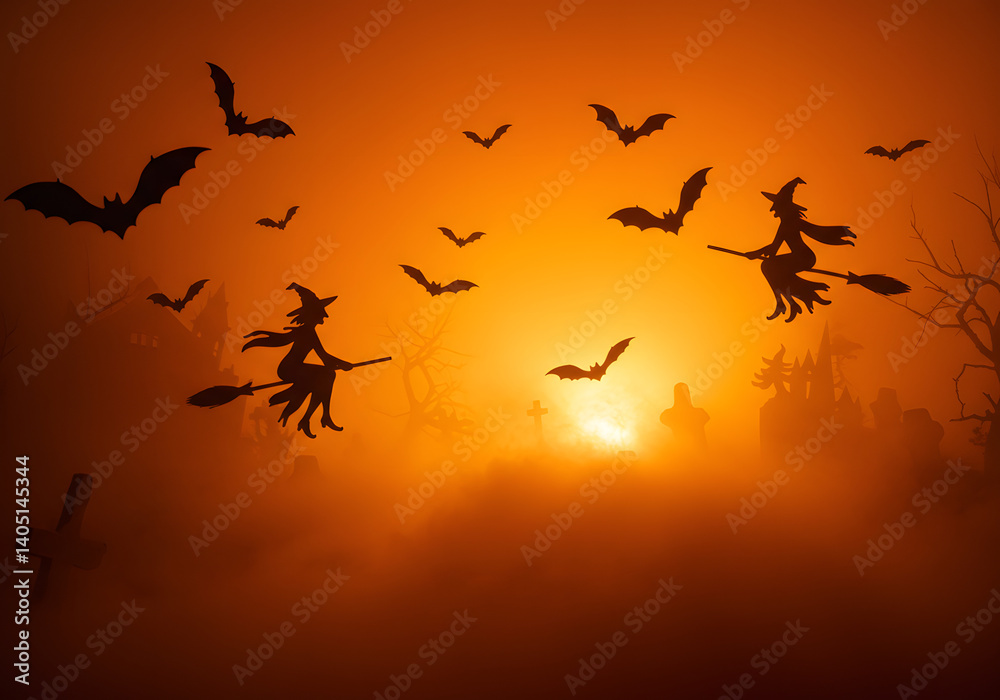 Silhouette of Two Witches Flying on Broomsticks Amidst Bats and Foggy Graveyard at Sunset Silhouette of Two Witches Flying on Broomsticks Amidst Bats and Foggy Graveyard at Sunset