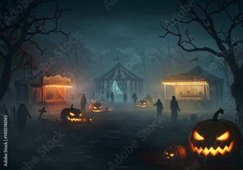 Spooky Halloween Carnival at Night Pixel Art Illustration