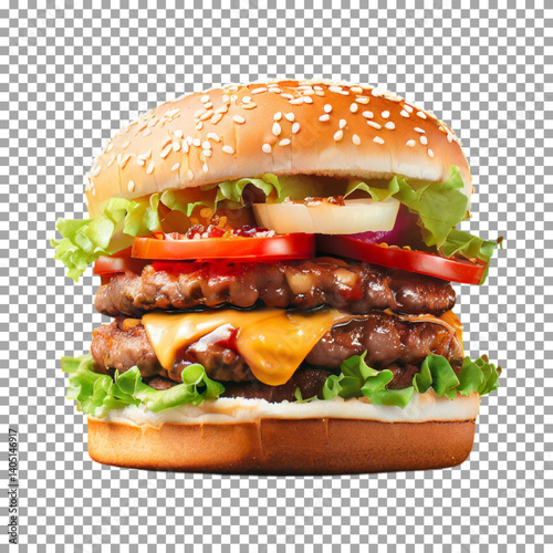 A very tall hamburger, Gourmet Cheeseburger with Fresh Lettuce, Tomato, and Onion on transparent background, png, psd
