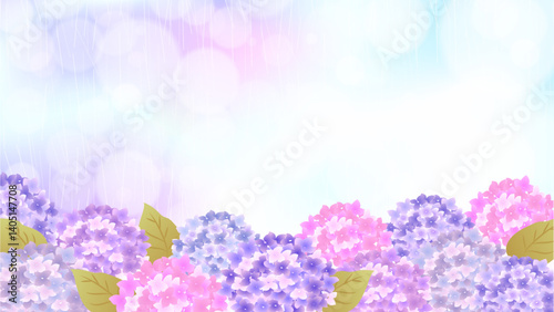 紫陽花と雨の背景フレーム　Rain flour frame background
