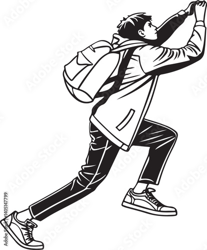 Silhouette of Man Climbing with Backpack – Black and White Adventure Vector Illustration