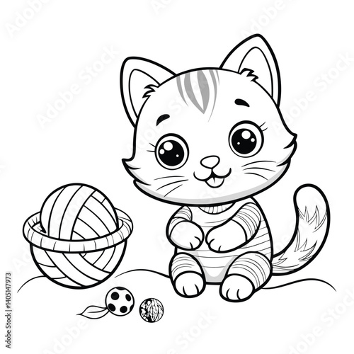 A cute cartoon kitty vector illustration shows a smiling domestic feline pet animal with a tail and paw
