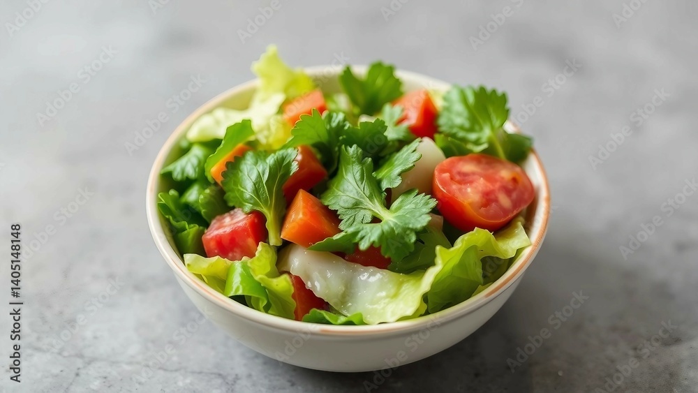 Frischer Salat in Schüssel. Gesunde Mahlzeit mit Salatblättern, Tomaten, Karotten und Petersilie Frischer Salat in Schüssel. Gesunde Mahlzeit mit Salatblättern, Tomaten, Karotten und Petersilie