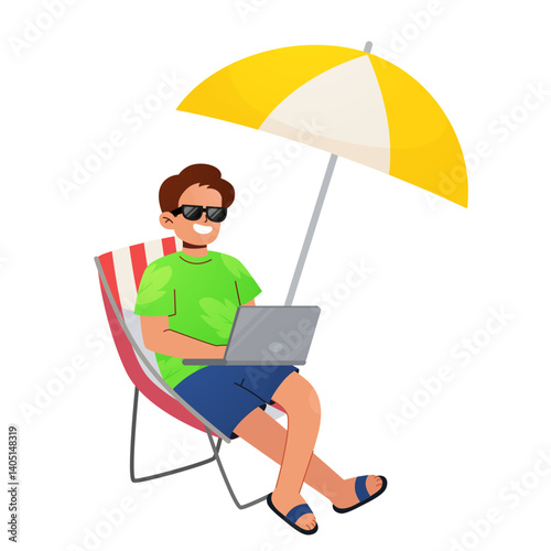 Freelancers Man Characters Working on Beach. freelance workers: man on freelance occupation or outsource work on beach, lying in hammock. People Wear Summer Clothes Sitting on Deck Chair. Remote busin
