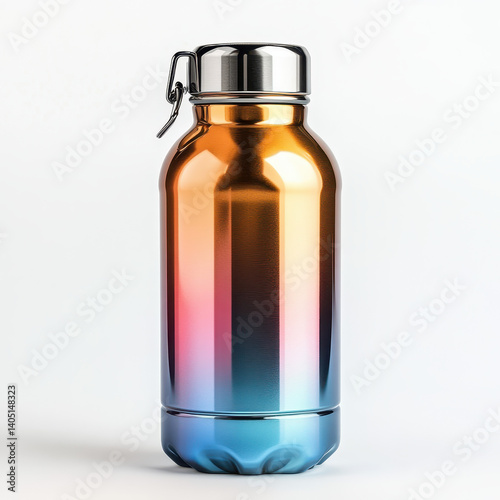 Gradient metallic water bottle isolated on white background.