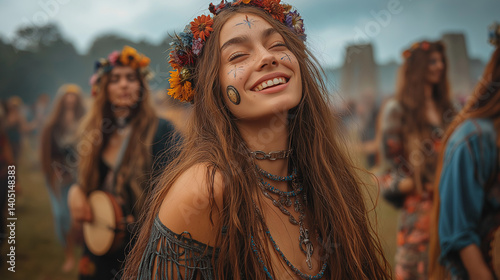 Summer Soltice Festival, Smiling Woman Celebrating Solstice at Stonehenge Festival, Ai Generated Images.