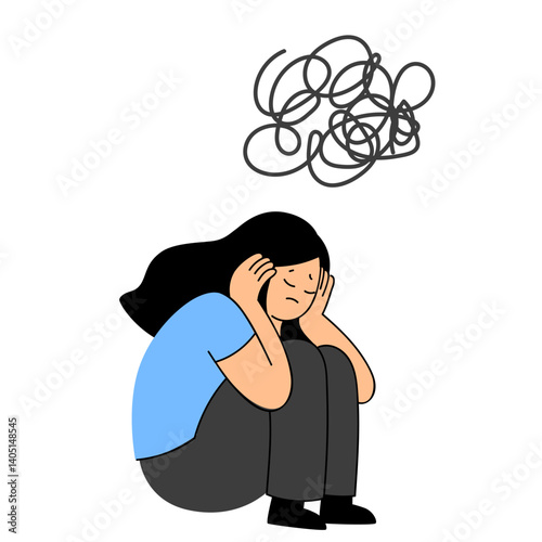 Female Character Depression, Stress. Depressed Unhappy Woman Sit on Floor with Tangled Thoughts in Head. Mental disorder. ADHD vector concept with male head in plenty of arrows in doubt. People suffer