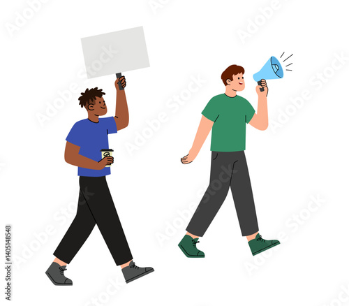 Concept peaceful demonstration of human rights. Group of diverse people at picket. Protest. People crowd holding blank banners, manifesting activists demonstrating empty signs.
