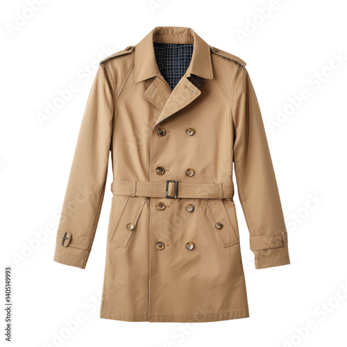 classic beige trench coat with double breasted design and belt, isolated on transparency background