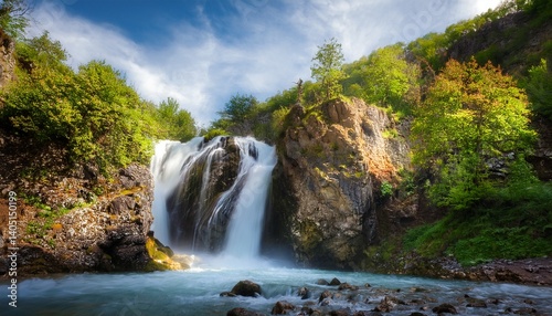 Shdugra Waterfall on rocky cliff
