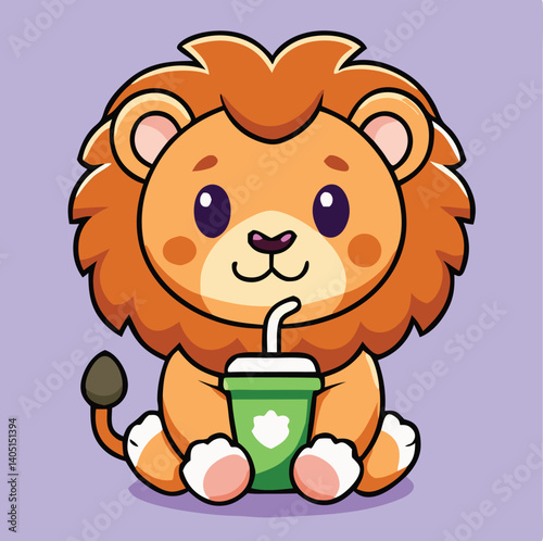 Cute Cartoon Lion Cub Enjoying A Drink In A Minimalist Illustration