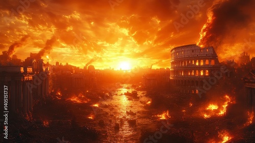 City ablaze, buildings destroyed under a fiery sky, ruins everywhere, sunset over Rome