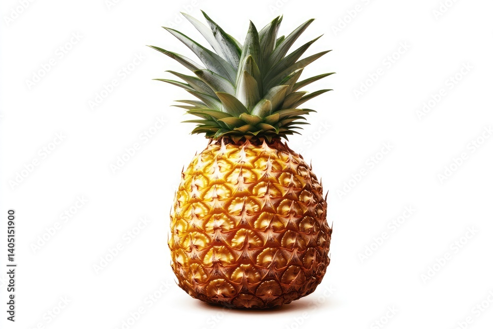 A single pineapple with green leaves isolated on a white background in a studio setting A single pineapple with green leaves isolated on a white background in a studio setting