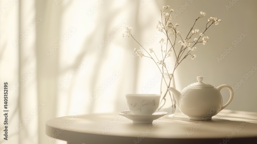 Fototapeta premium Soft, sunlit morning scene with delicate flowers and tea.