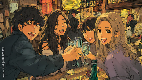 居酒屋で乾杯する若者たちの楽しい夜