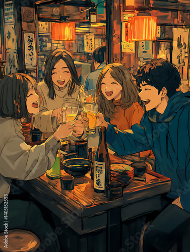 居酒屋で乾杯する若者たちの楽しい夜