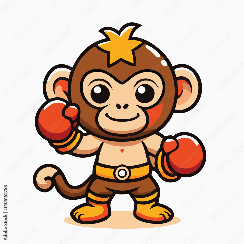 Fototapeta premium Cartoon Monkey Boxer Ready To Fight Wearing Boxing Gloves And Star Hair Accessory