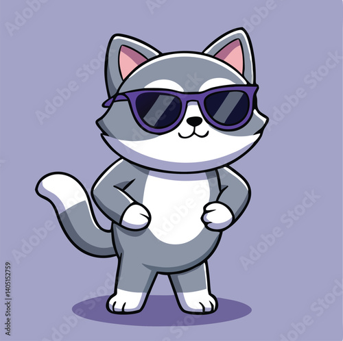 Cute Cartoon Husky Character Wearing Sunglasses On Light Purple Background Illustration