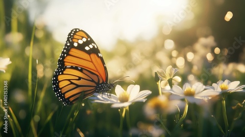 A monarch butterfly rests on a daisy in a sunlit meadow.