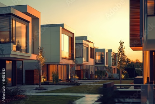 Modern residential homes in a quiet community at sunset.
