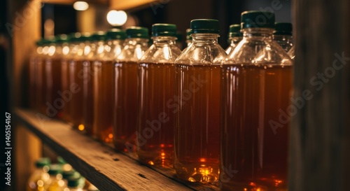 Wallpaper Mural Neat Rows of Amber Liquid Filled Bottles with Green Caps on Wooden Shelf Torontodigital.ca