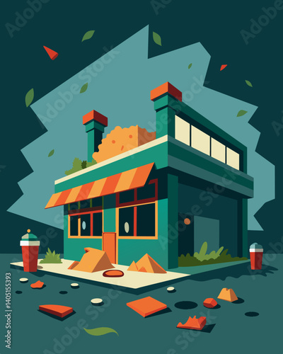 The abandoned stores once vibrant and lively atmosphere is rep by a heavy feeling of loss and neglect the remnants of uneaten food highlighting the tragedy of food waste.. Vector illustration
