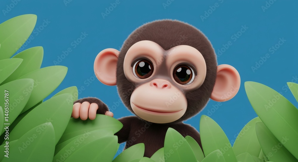 Obraz premium Adorable cartoon monkey amidst vibrant jungle leaves with curious expressive eyes